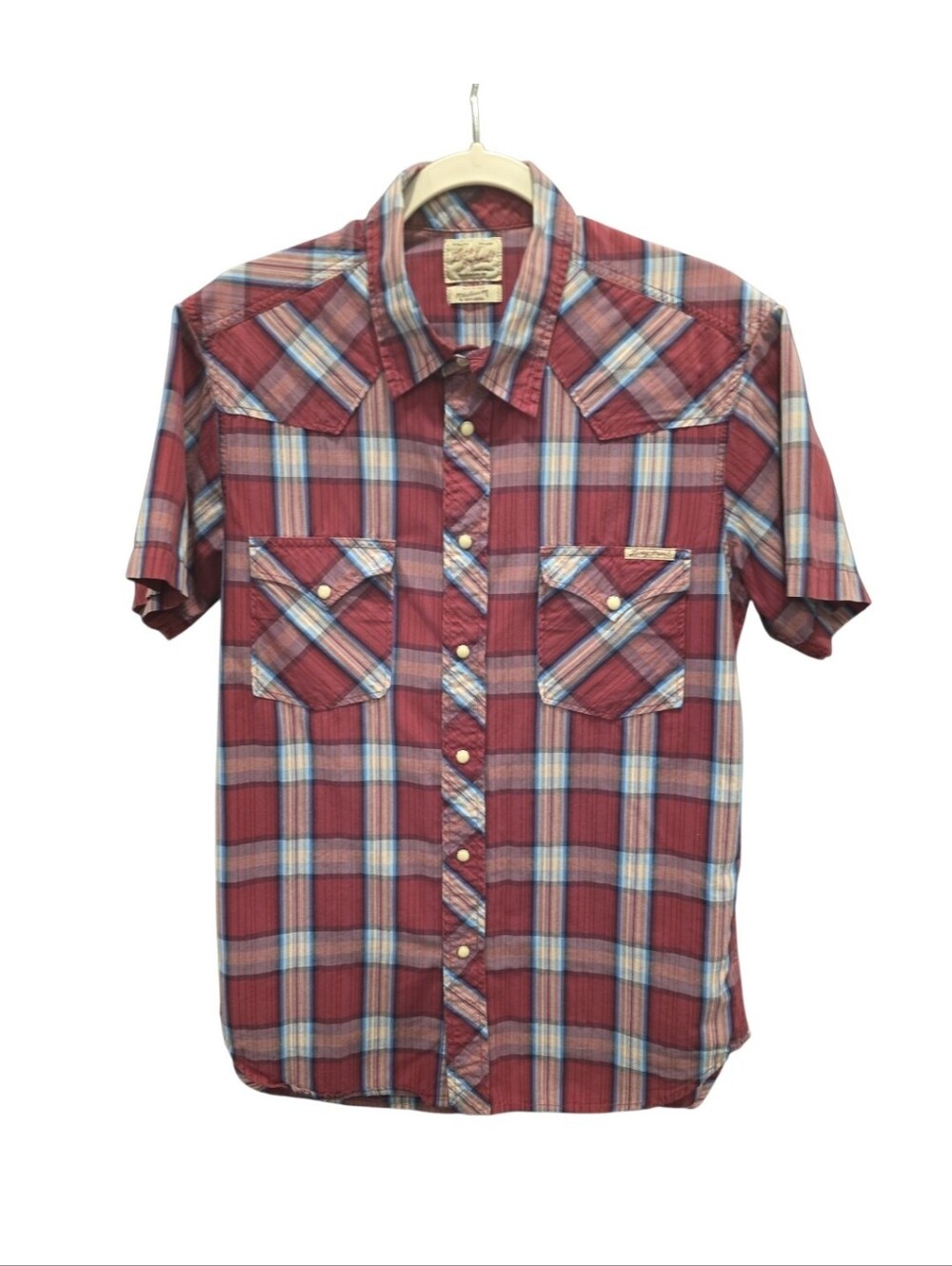 Lucky Brand Western Pearl Snap Shirt Burgandy Plaid Cowboy Ranchwear Y2K.